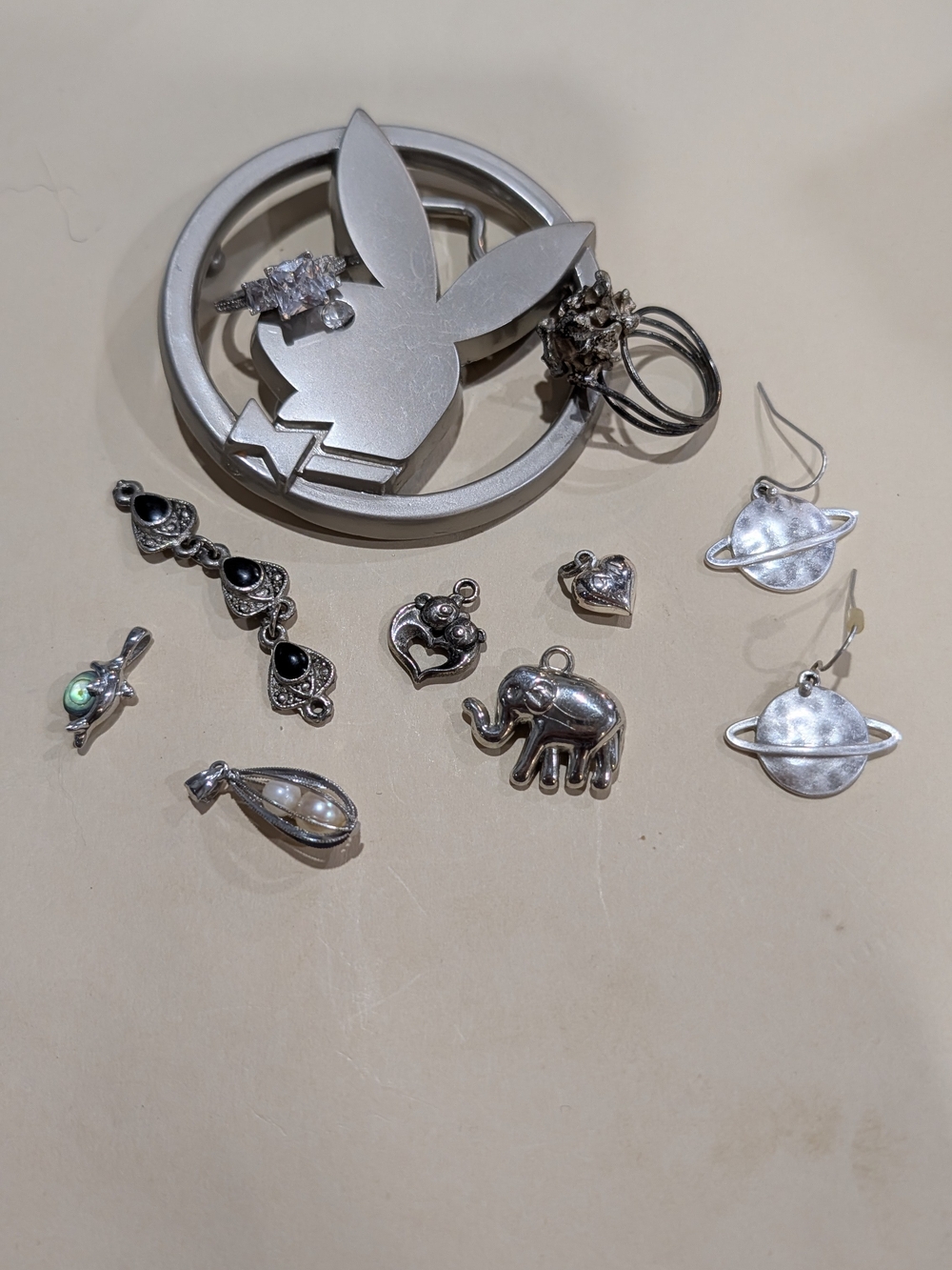 Silver Tone Charms and Stud Jewelry Lot with Planet Earrings And Belt Buckle